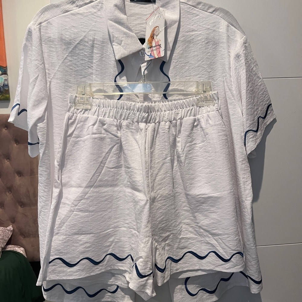 White and Blue women’s shirt with matching short set